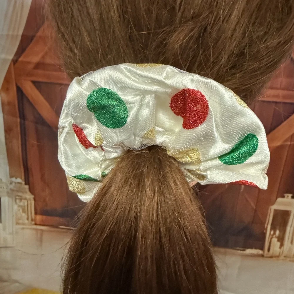 Festive Polka Dot Satin Scrunchie for Kids - White with Red & Green Dots